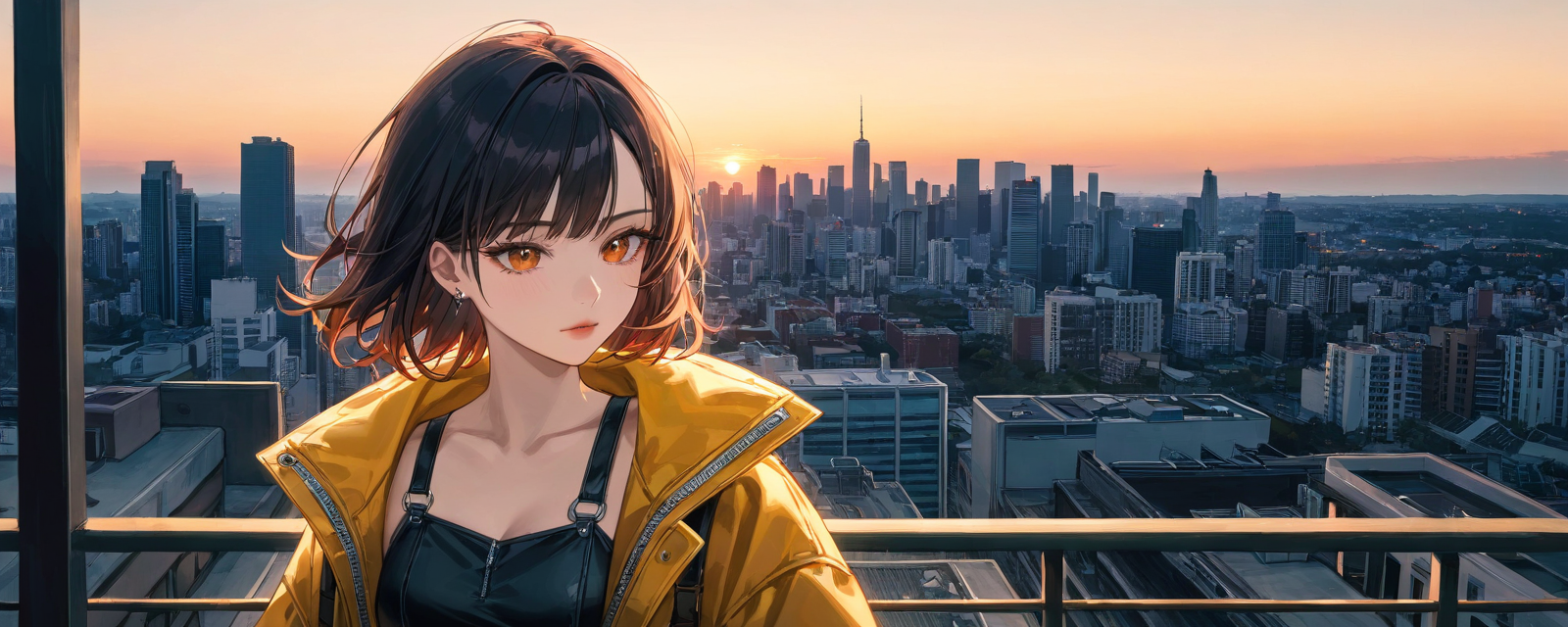Scene: An urban rooftop with a panoramic cityscape in the background as the sun 