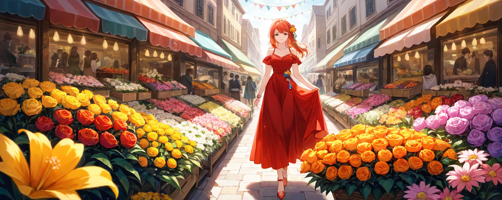 Scene: A vibrant flower market with stalls overflowing with colorful blooms. Sty