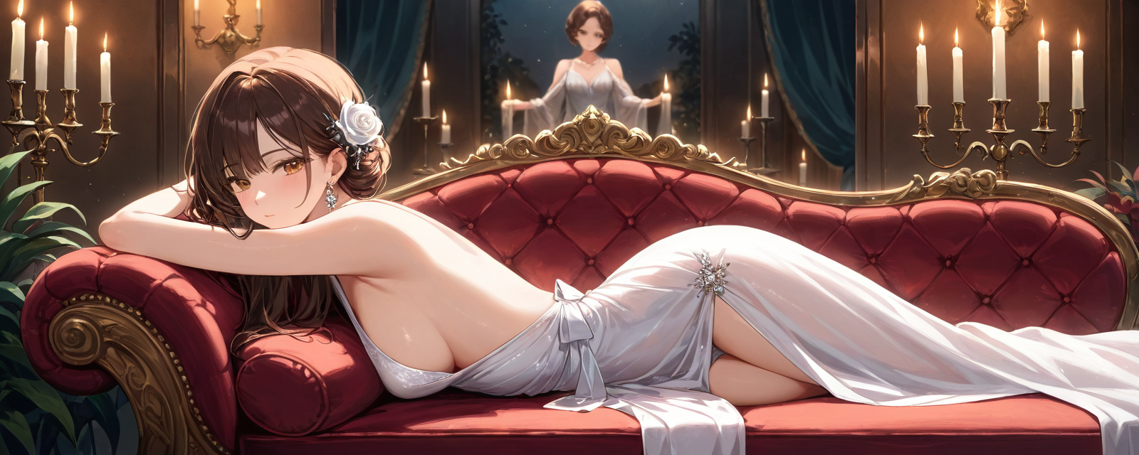 A sultry portrait of a woman in a backless evening dress, lounging on a velvet c