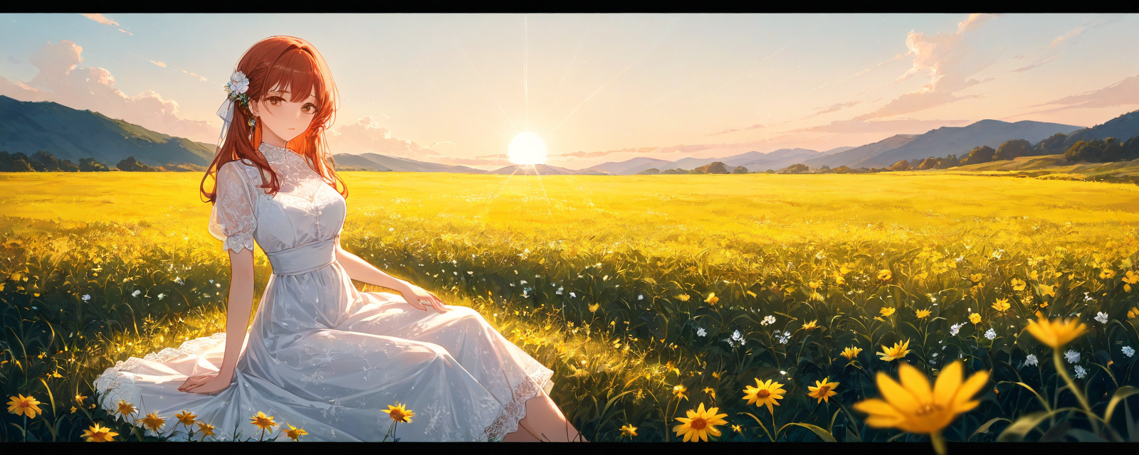 A striking image of a woman in a vintage-inspired lace dress, sitting amidst a f