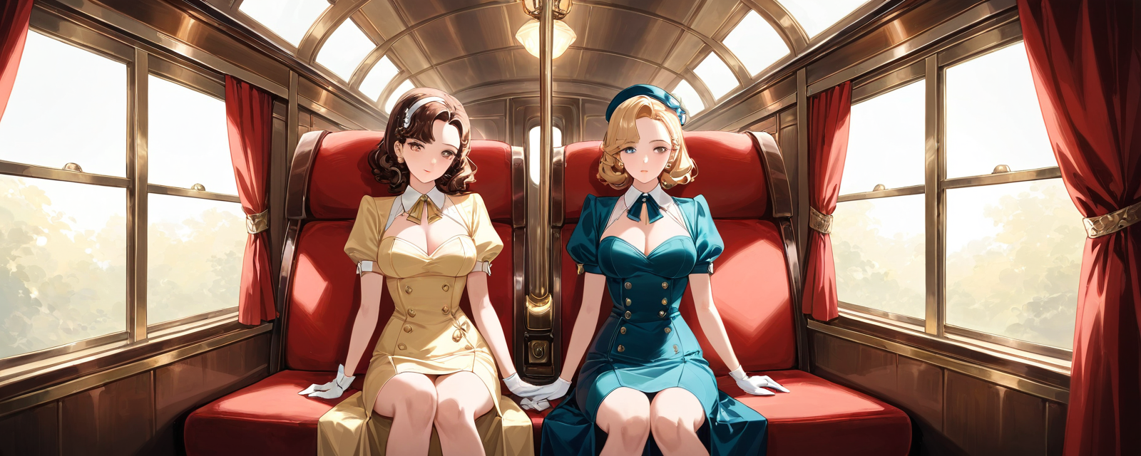 Scene: A vintage train carriage with plush velvet seats and ornate details. Styl