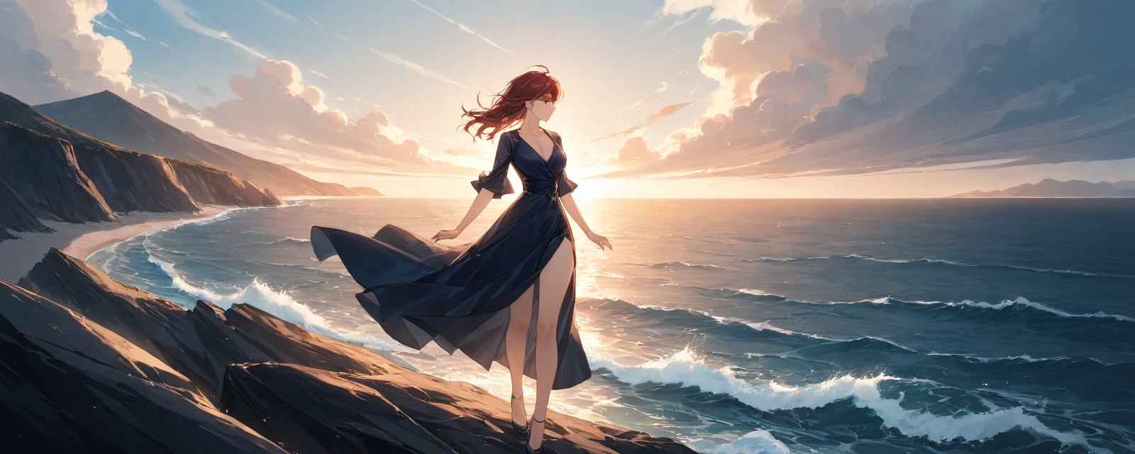 On a windswept cliff overlooking the ocean, a woman with windswept hair in a sle