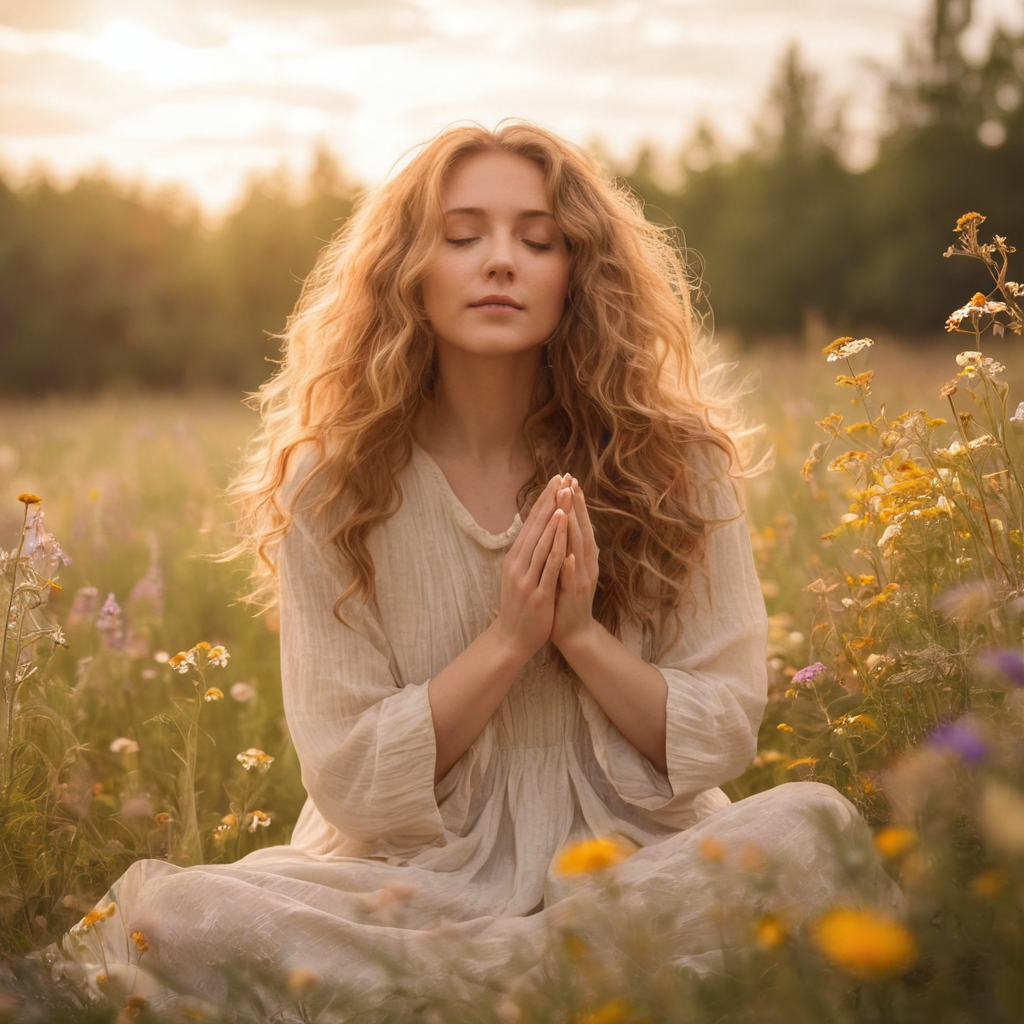 A Serene Forest Clearing Where A Woman Sits Amidst A Serene Forest Clearing Where A Woman Sits Amidst