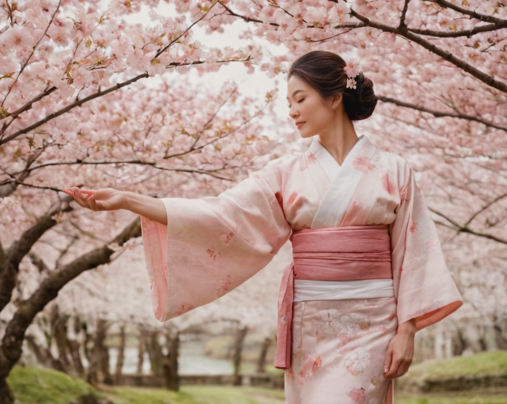 A blooming cherry blossom garden in full spring bloom, with a woman in a flowing