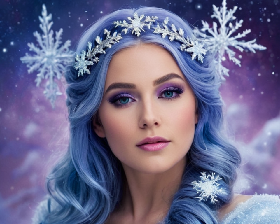 A celestial goddess with shining starlight in her hair, standing amidst a celest