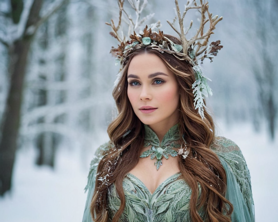 An earthy dryad with bark-like skin and a crown of twisting branches, embodying 