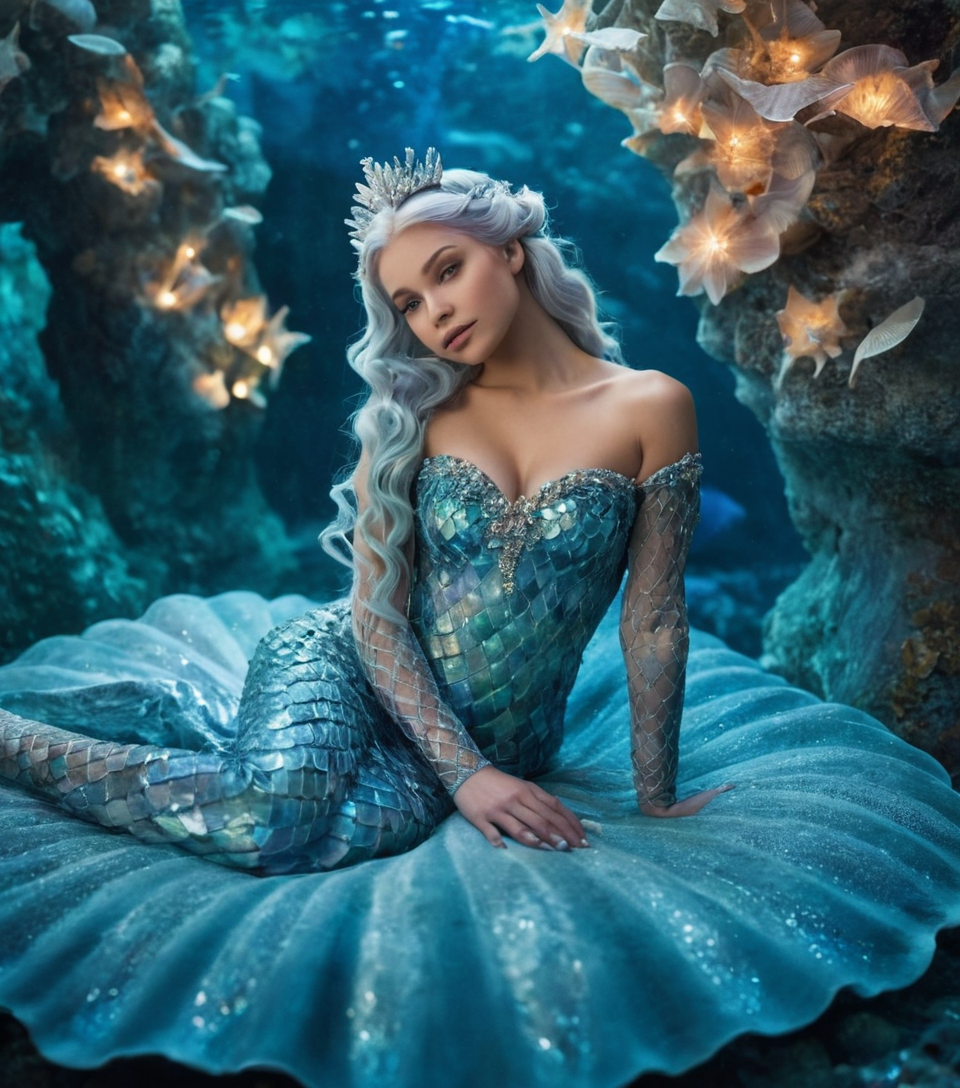 A celestial mermaid with opalescent scales and starlit hair, resting on a bed of