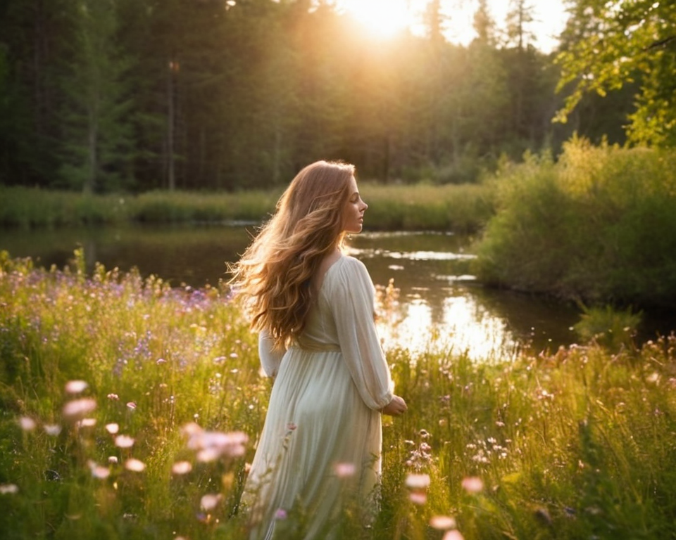 A magical sunlit glade dappled with golden light where a woman stands at the edg