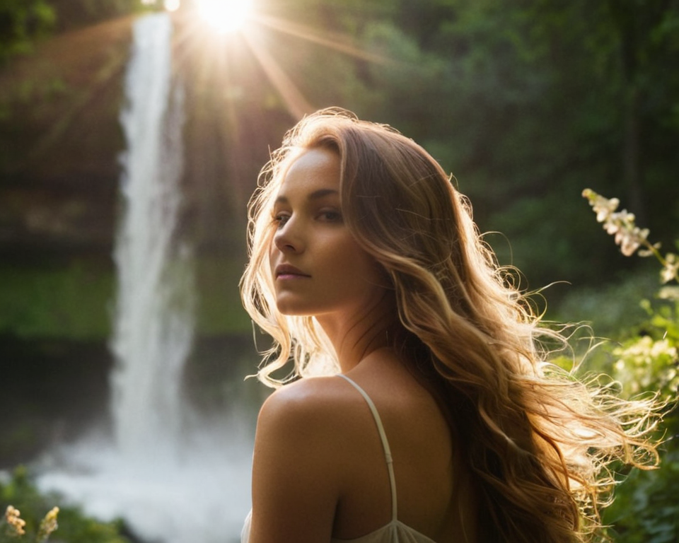 A secluded waterfall hidden in a lush forest, where a woman stands under the cas