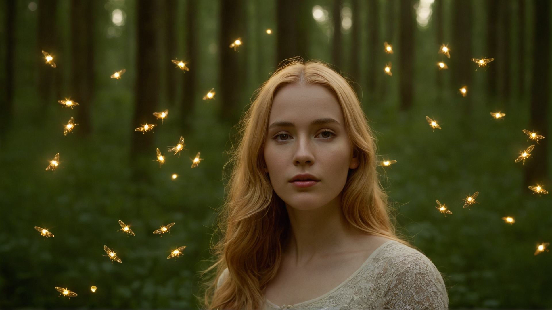 A serene forest clearing at dawn, where a young woman with flowing golden hair i