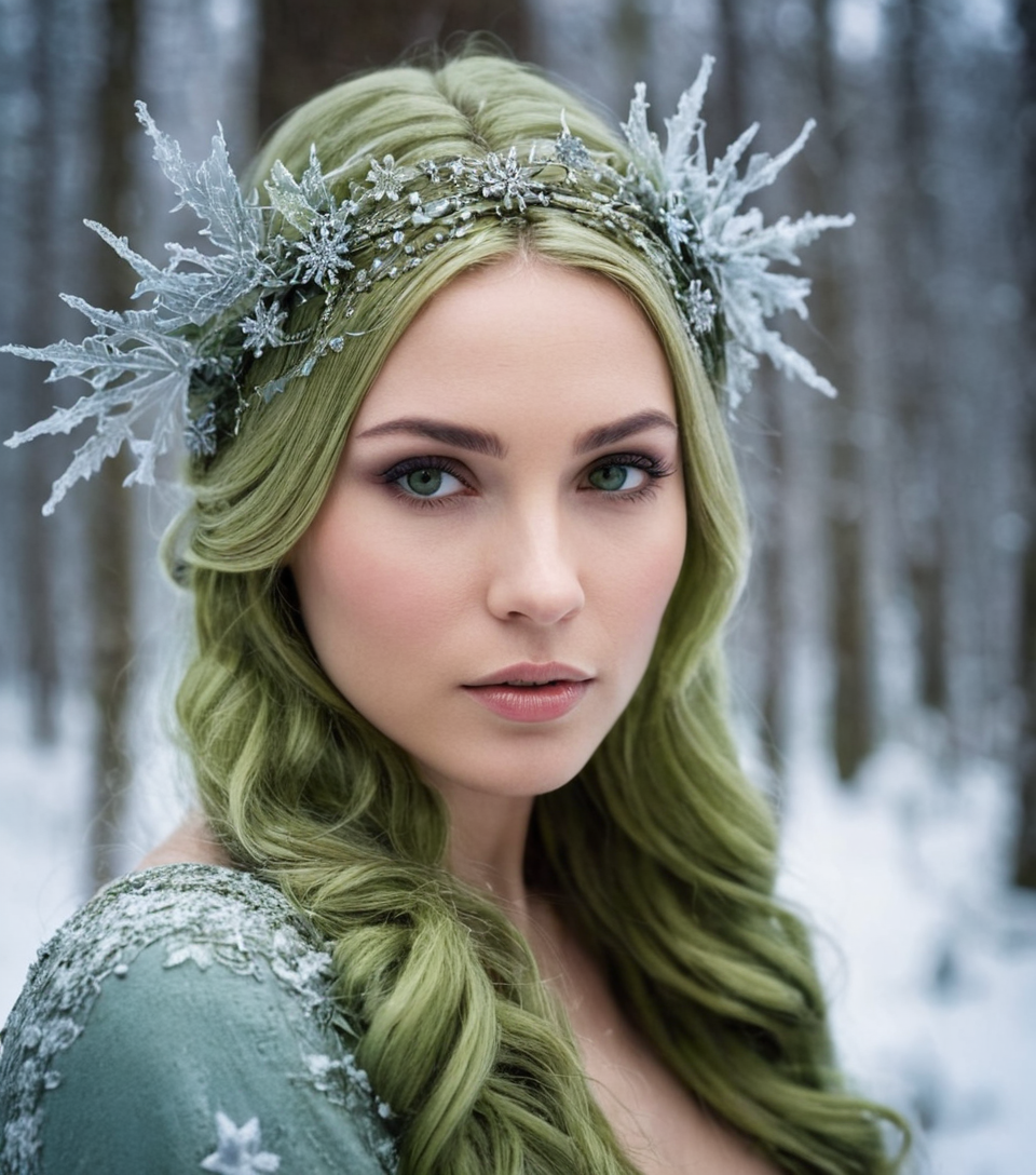 An enchanting forest enchantress with moss-green skin and vine-woven hair, weavi