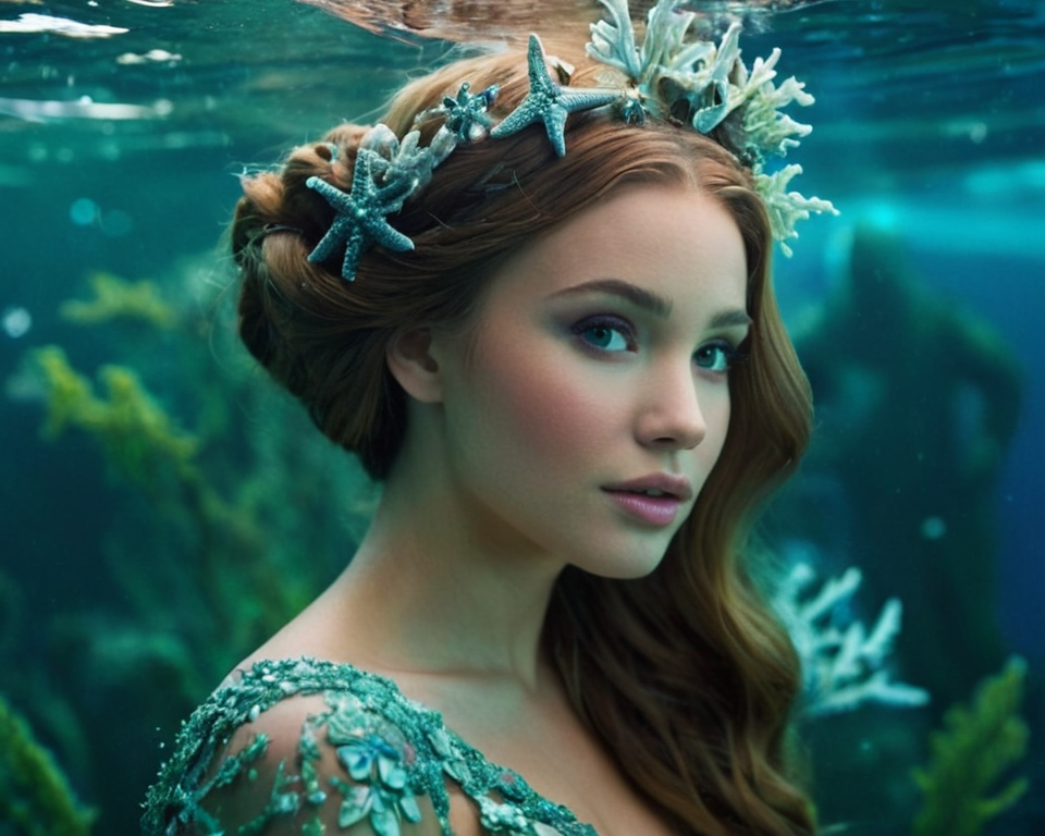 An enchanting mermaid with shimmering scales and seaweed draped in her hair, exp