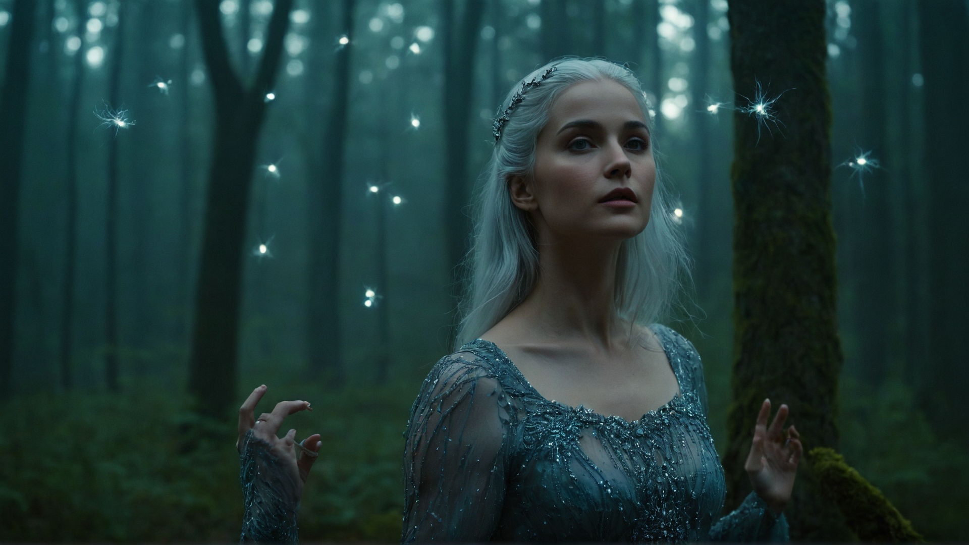 A mystical forest at twilight, where a woman with luminous skin and silver hair 