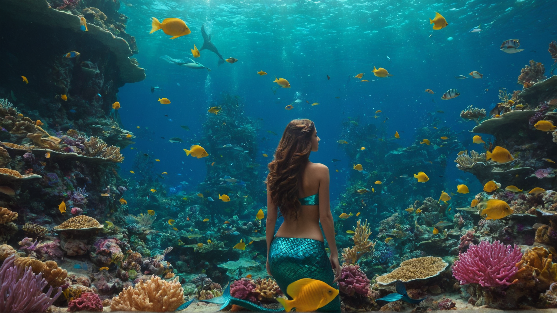 An enchanting underwater kingdom with vibrant coral reefs and a mysterious merma
