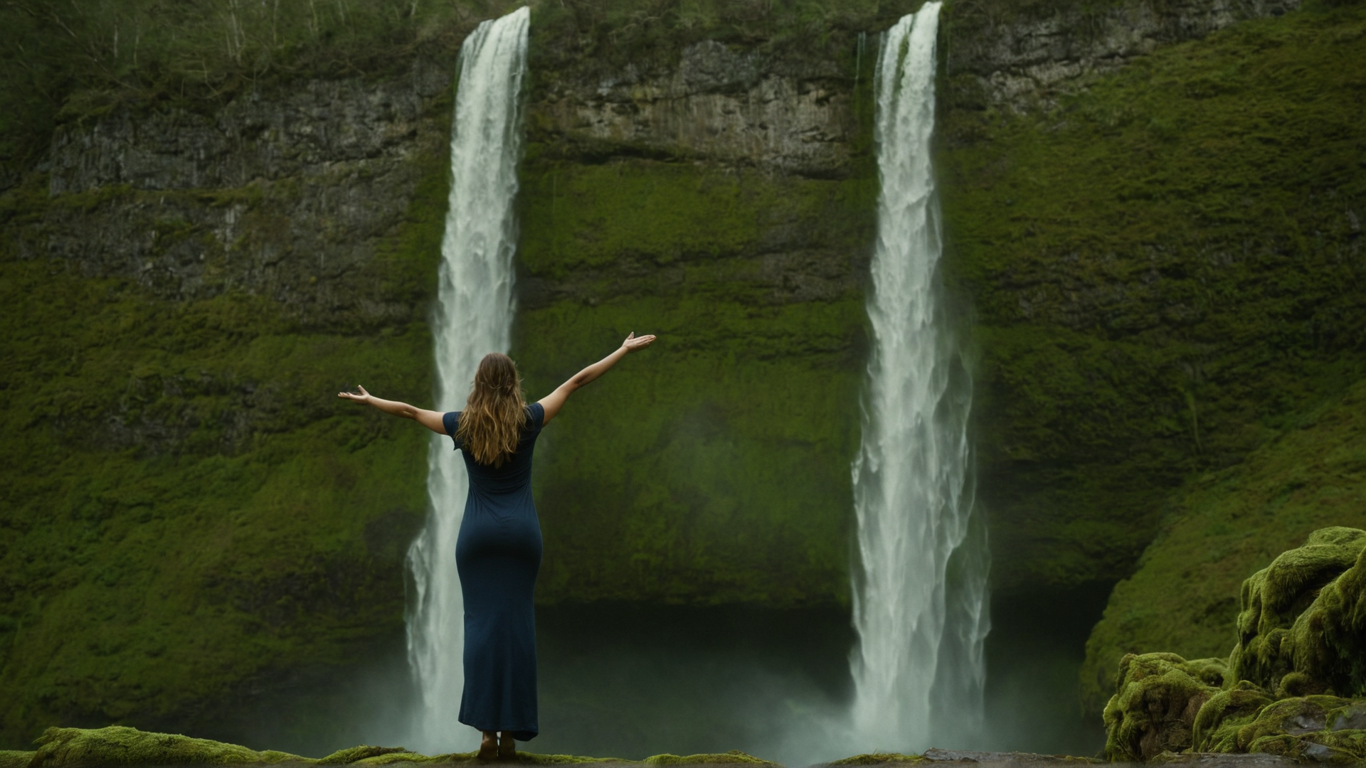 A majestic waterfall cascading down a moss-covered cliff, where a woman stands w