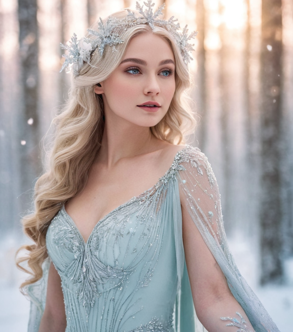 An ethereal forest nymph with delicate, flower-petal skin and shimmering dewdrop