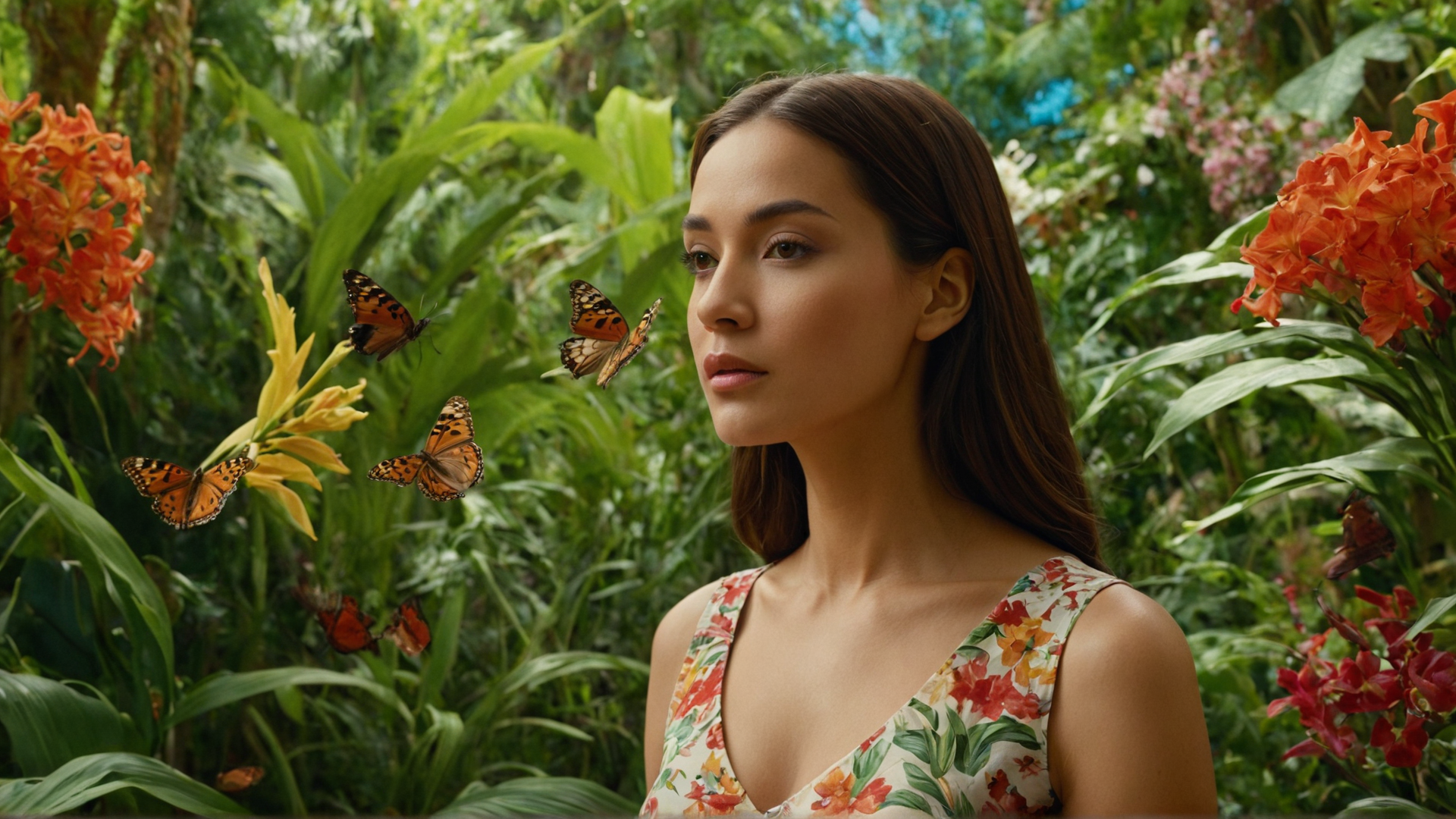 A lush botanical garden where a woman is surrounded by a variety of exotic flowe