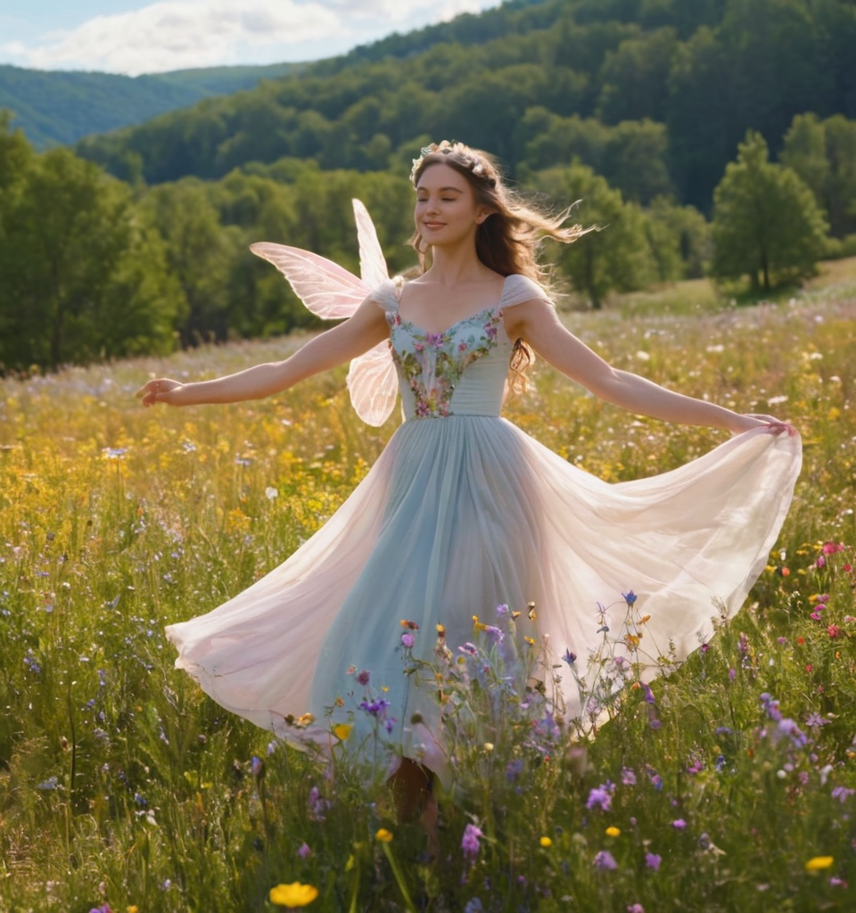 A graceful fairy princess dancing in a meadow filled with wildflowers, her wings