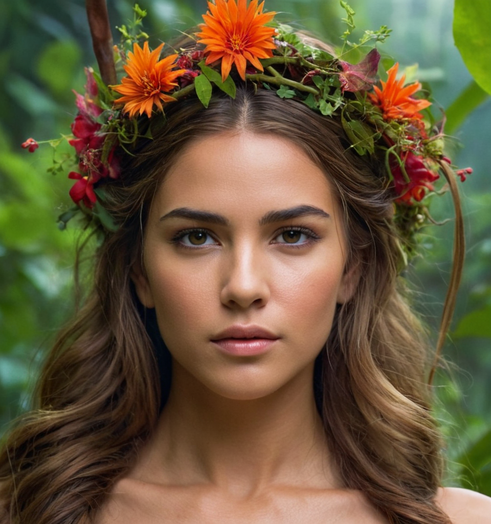 A fierce warrior princess with a tangle of wild vines and flowers in her hair, r
