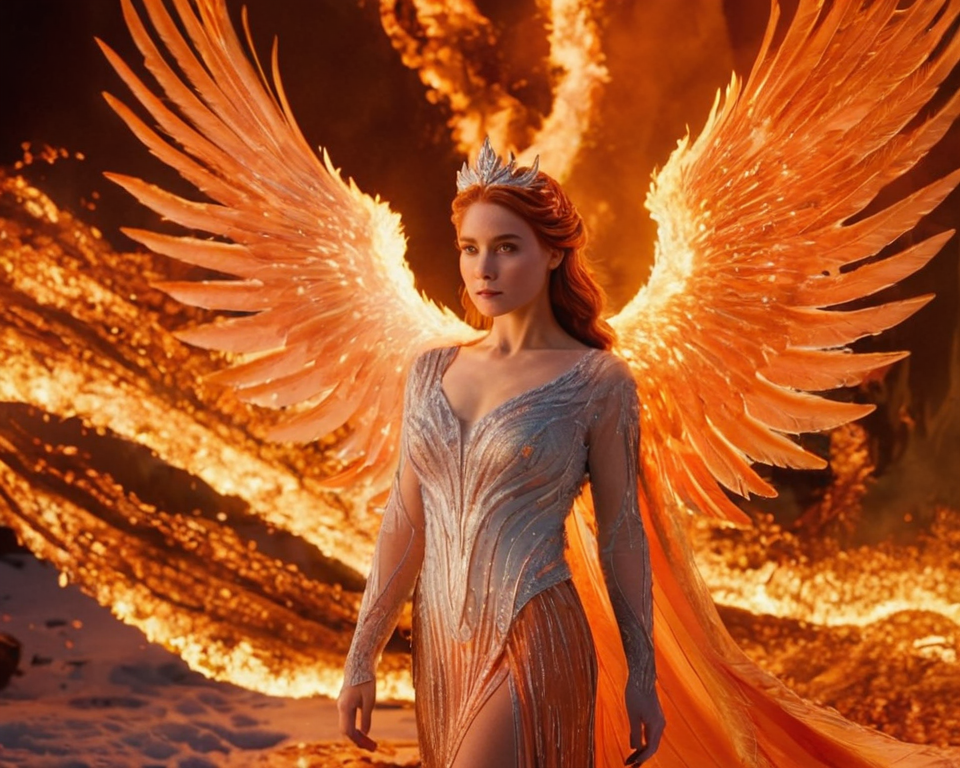A fiery phoenix rising from the ashes, its feathers aglow with molten lava, agai