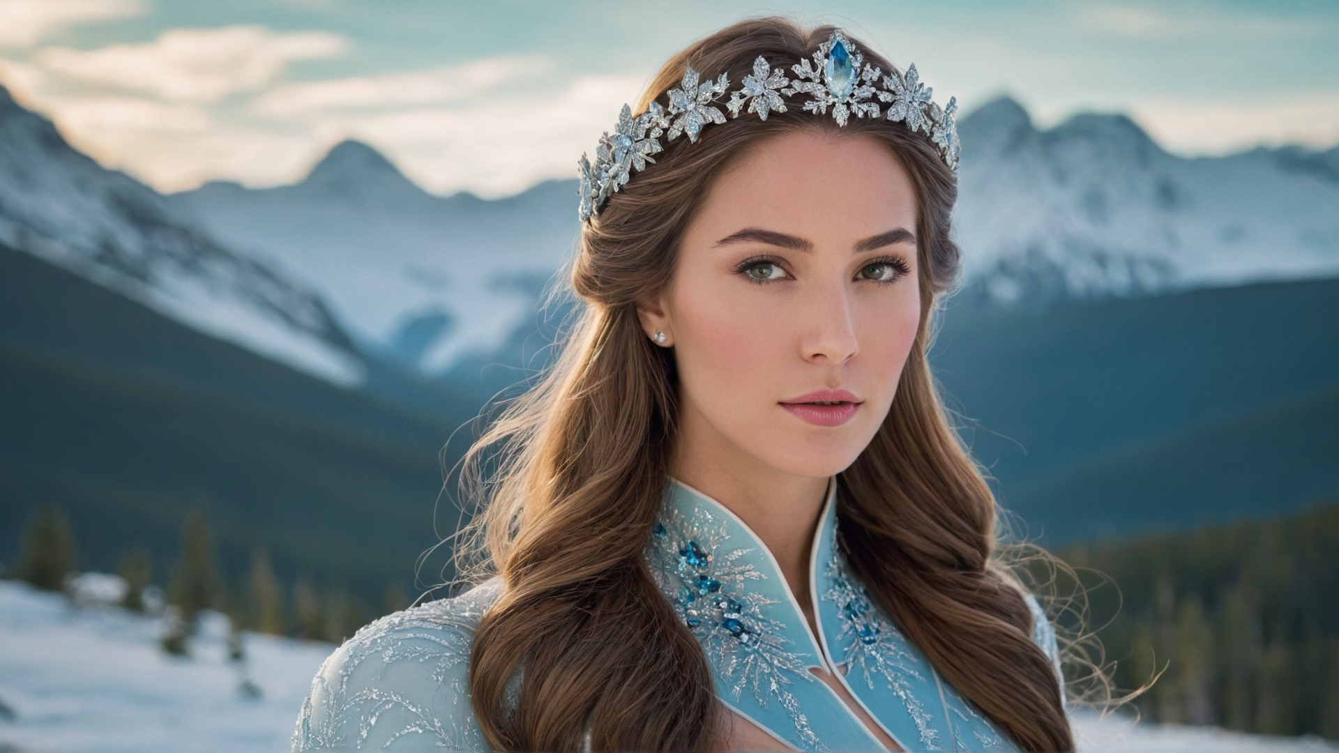 A majestic mountain spirit with snow-capped peaks in her hair, overlooking a vas