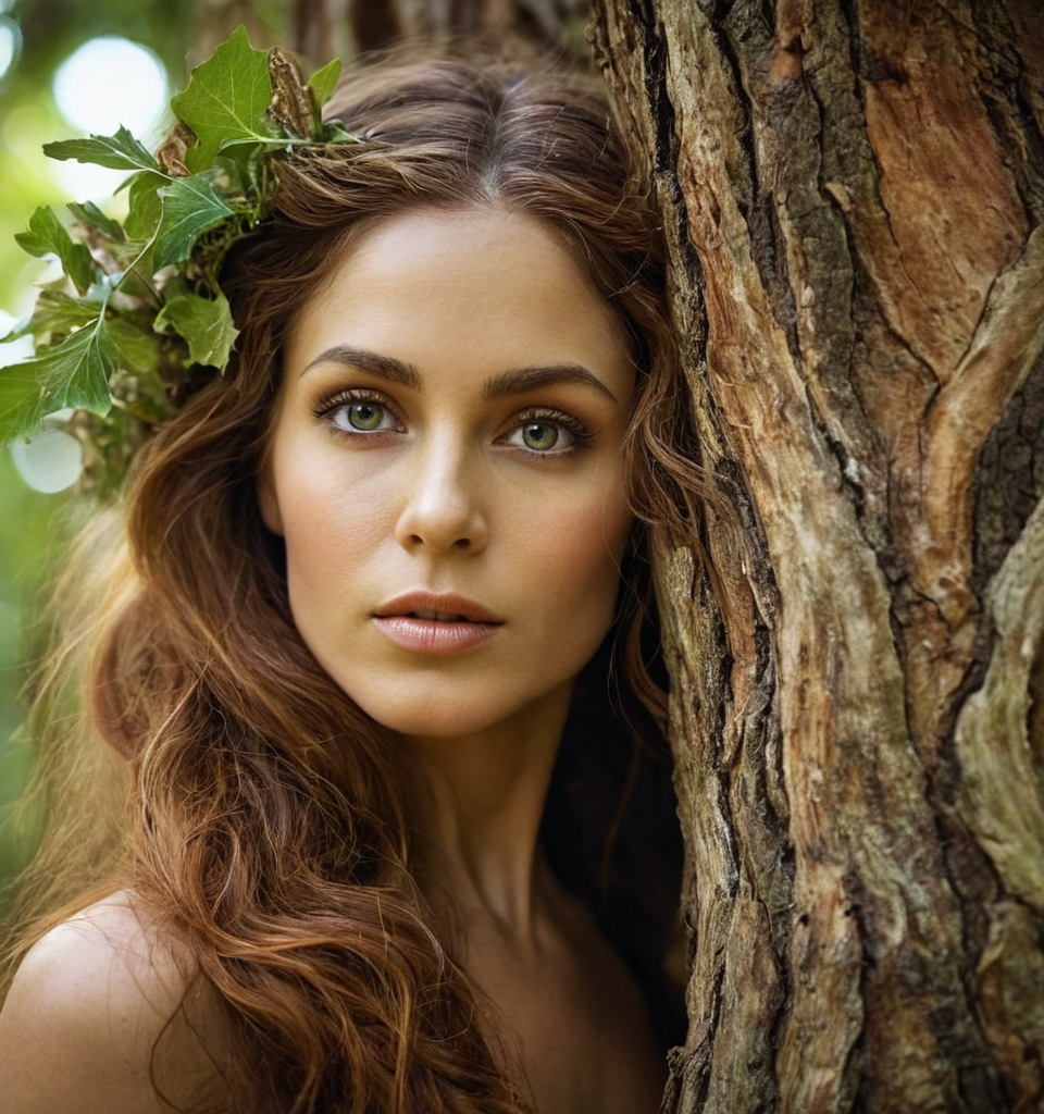 A majestic dryad blending seamlessly with a gnarled old tree, her eyes glowing w