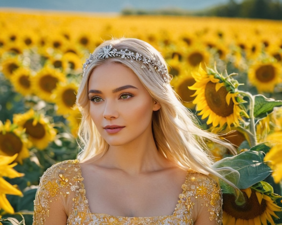 A radiant sun goddess with golden rays emanating from her, surrounded by bloomin