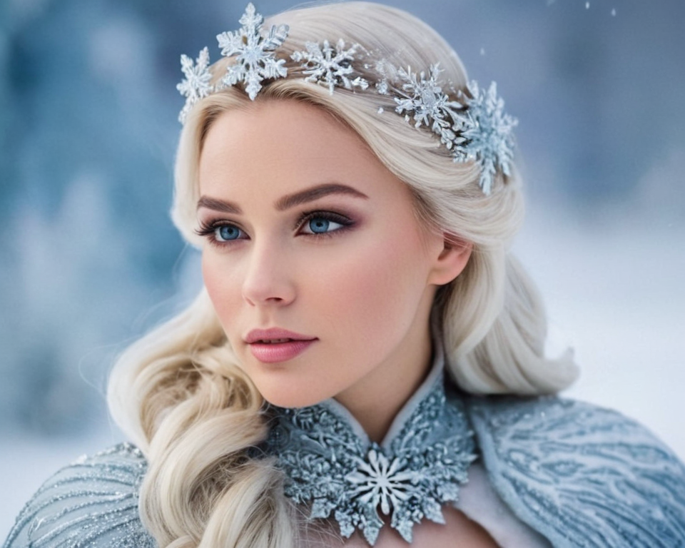 An elegant ice queen with frost-kissed skin and snowflakes in her hair, presidin