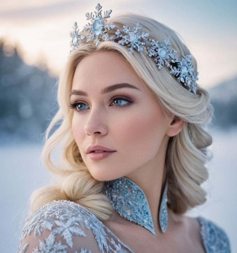An elegant ice queen with frost-kissed skin and snowflakes in her hair, presidin