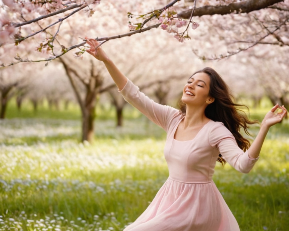 A vibrant cherry blossom grove in full bloom where a woman twirls gracefully ami