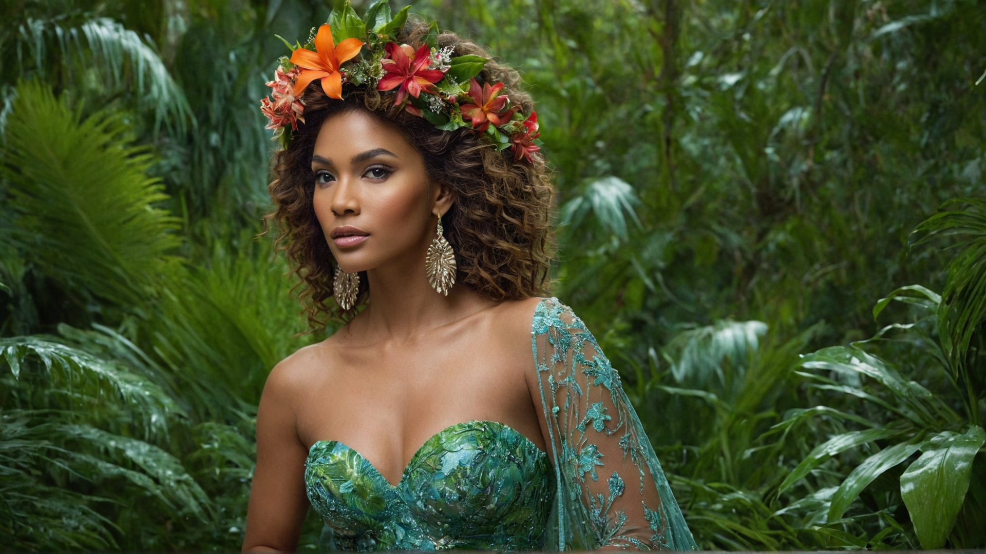 A fierce jungle queen with wild, untamed hair adorned with tropical blooms, comm