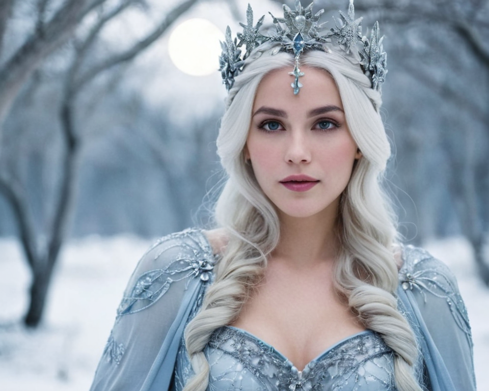 A lunar priestess with silver hair and lunar symbols adorning her attire, commun