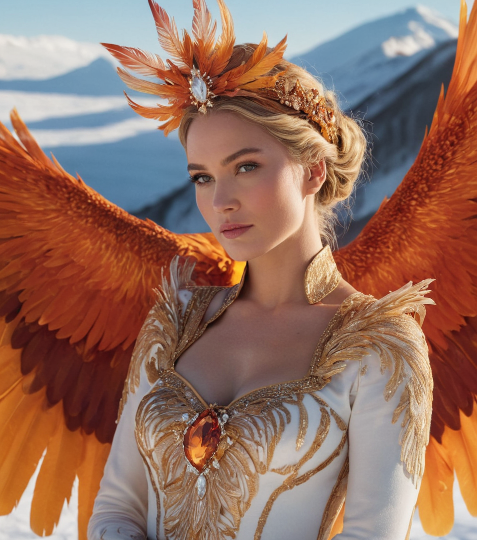 A majestic phoenix queen with fiery plumage and molten gold accents, perched ato