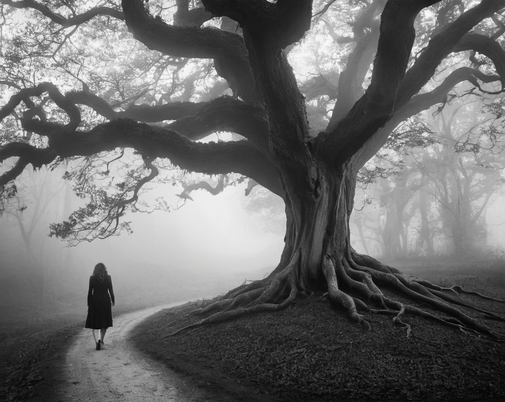 A misty forest shrouded in early morning fog, where a woman walks along a windin