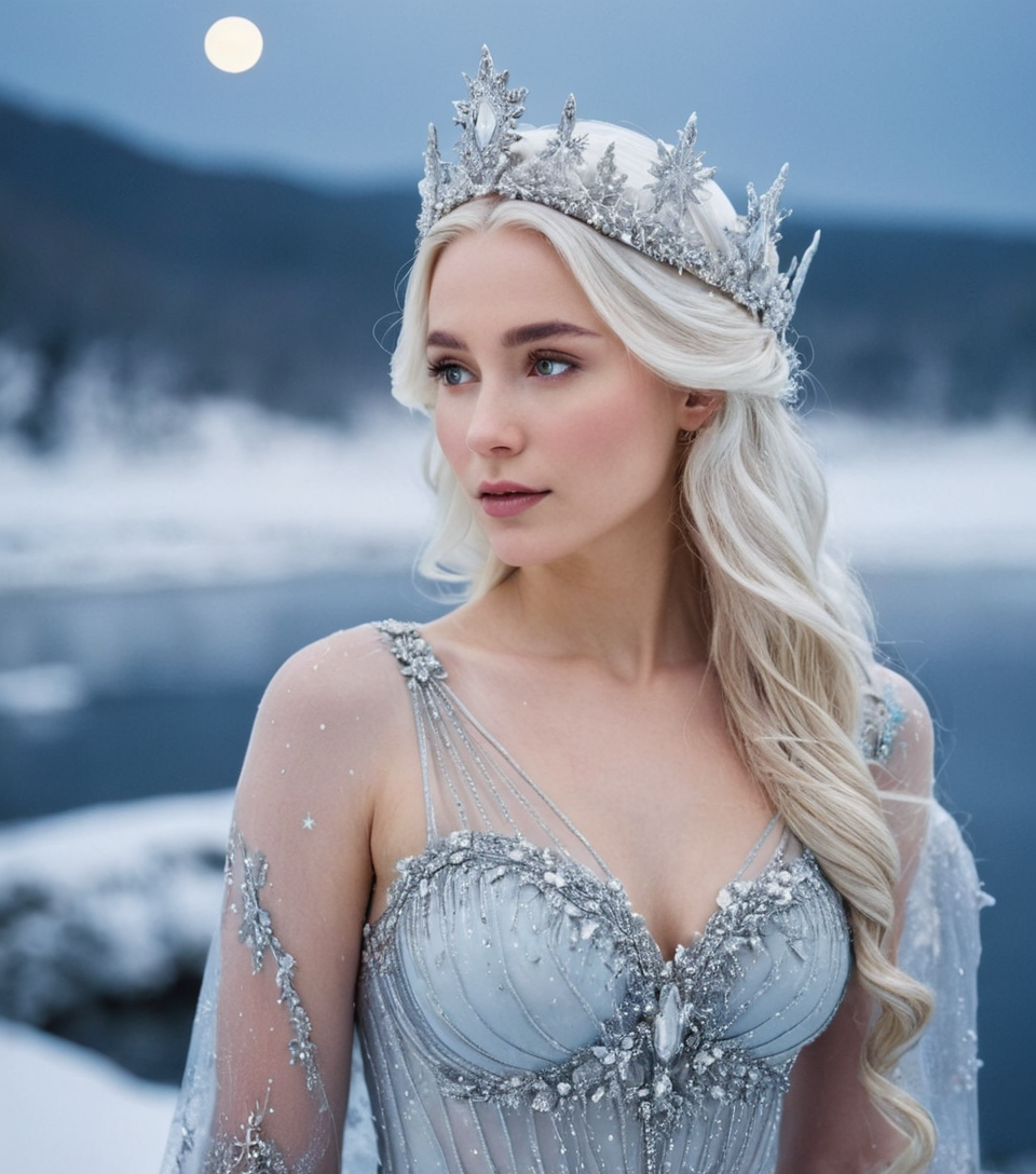 A mythical moon goddess with silver-lit skin and cascading moonbeam hair, standi