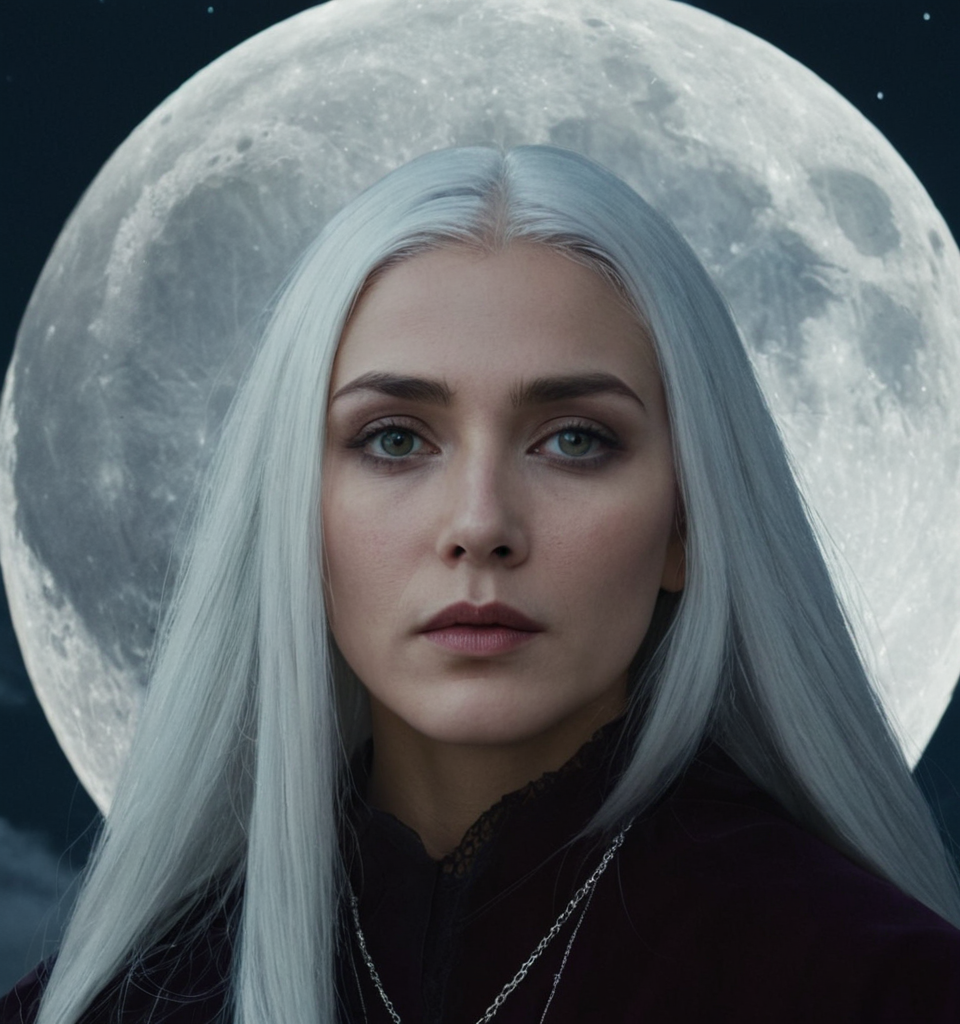 A mysterious moon witch with silver hair and eyes that reflect the glow of the m