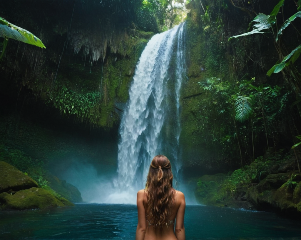 A mystical waterfall hidden deep in the jungle, where a woman emerges from behin