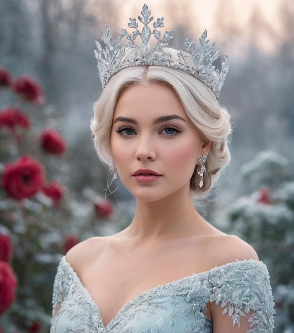 An elegant rose monarch with petal-soft skin and thorn-adorned hair, reigning ov