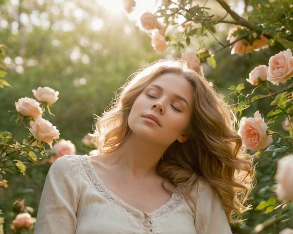 A sun-kissed garden blooming with roses as a woman sits under an ancient tree, h