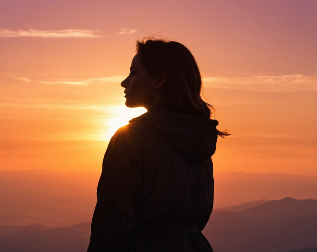 A mountaintop at dawn where a woman stands silhouetted against the rising sun, h