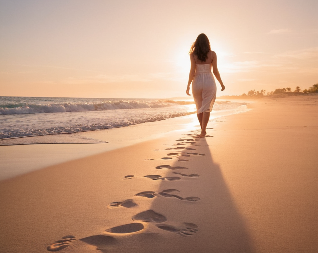 A tranquil beach at sunset where a woman walks along the shoreline, her footstep