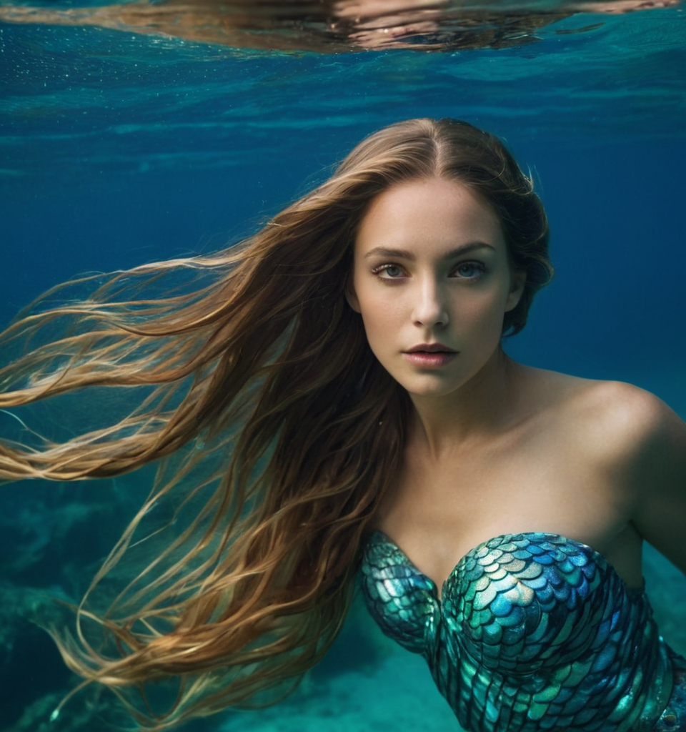 A mesmerizing siren emerging from the depths of the ocean, with shimmering scale