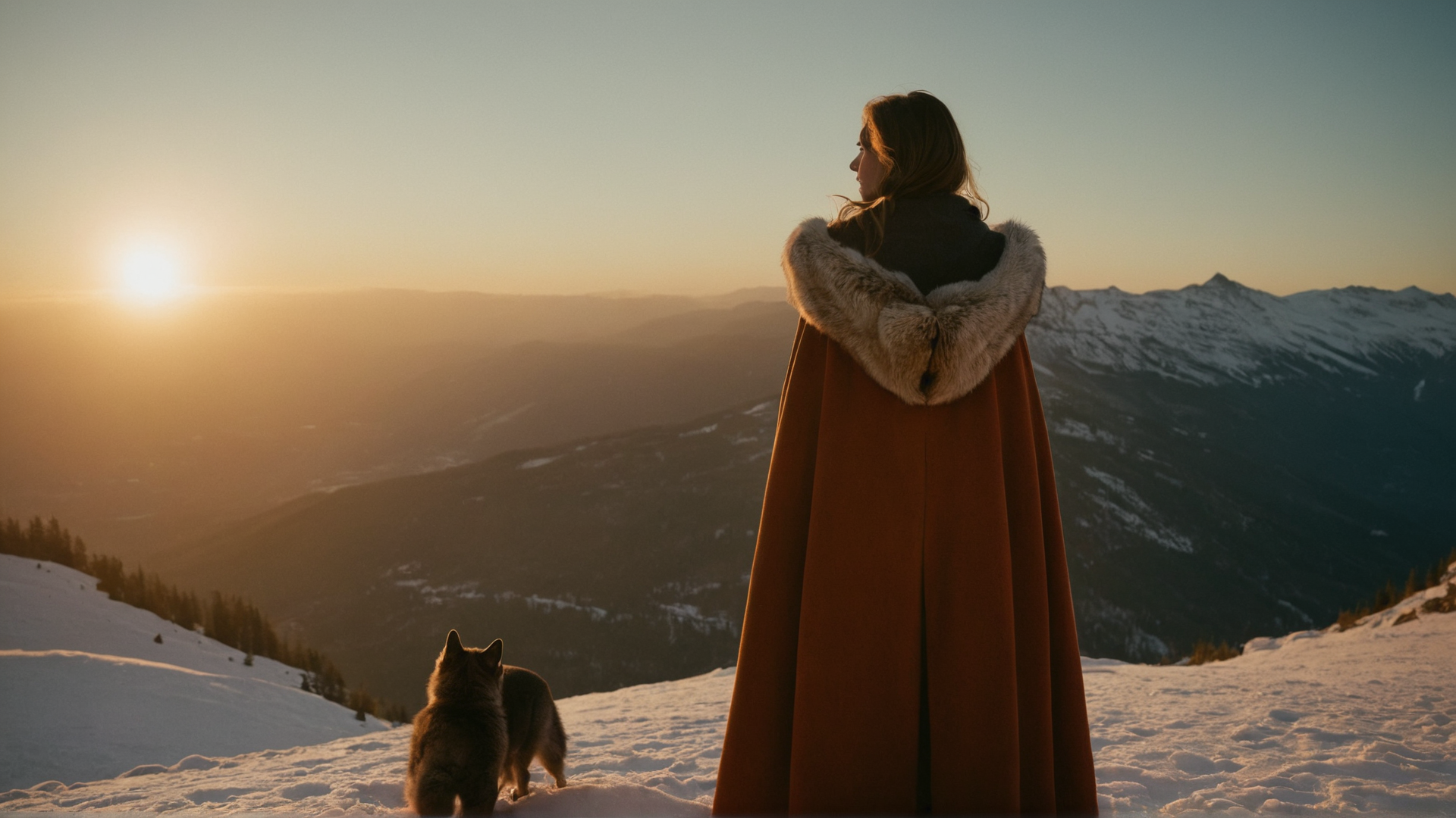 A snowy mountaintop at sunset, where a woman in a fur-trimmed cloak gazes out at