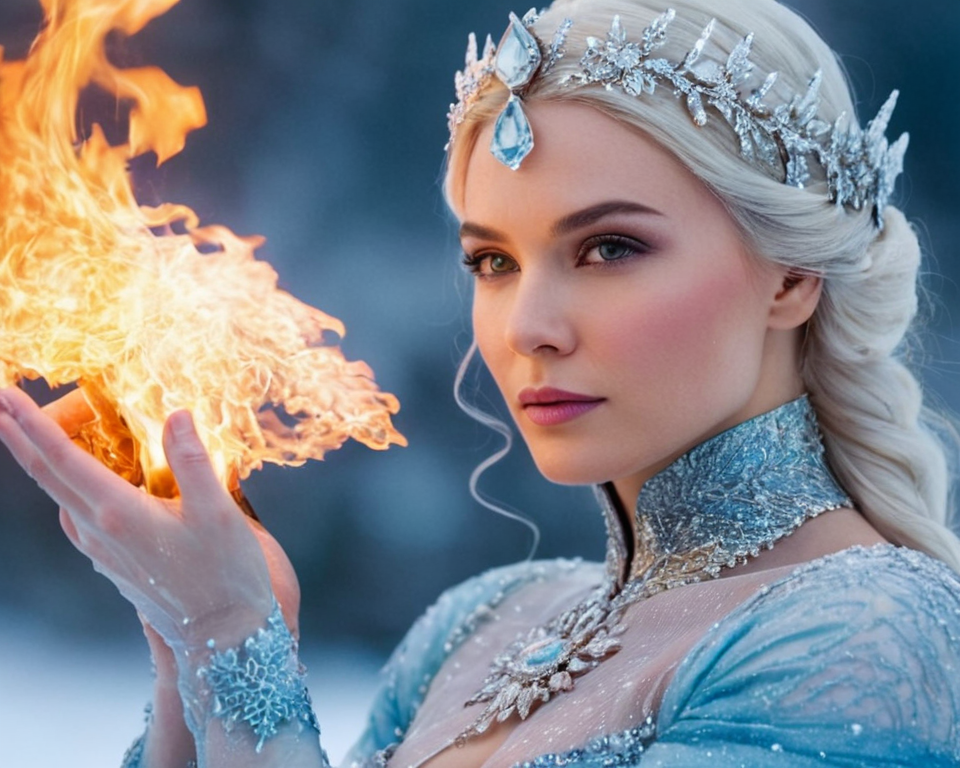 A sorceress of the elements, manipulating air, water, fire, and earth in a mesme