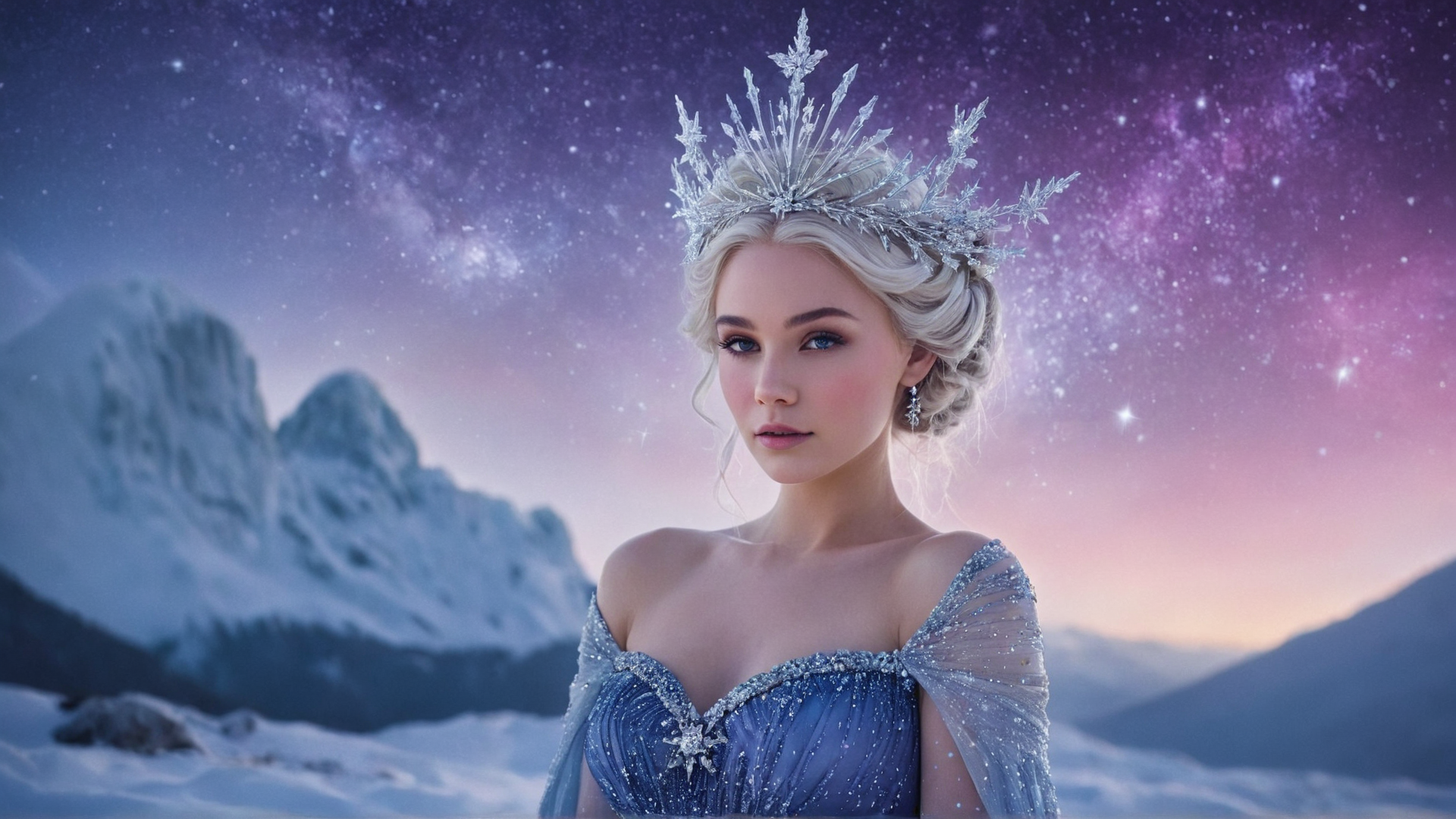 A celestial star maiden draped in shimmering constellations, floating amidst the