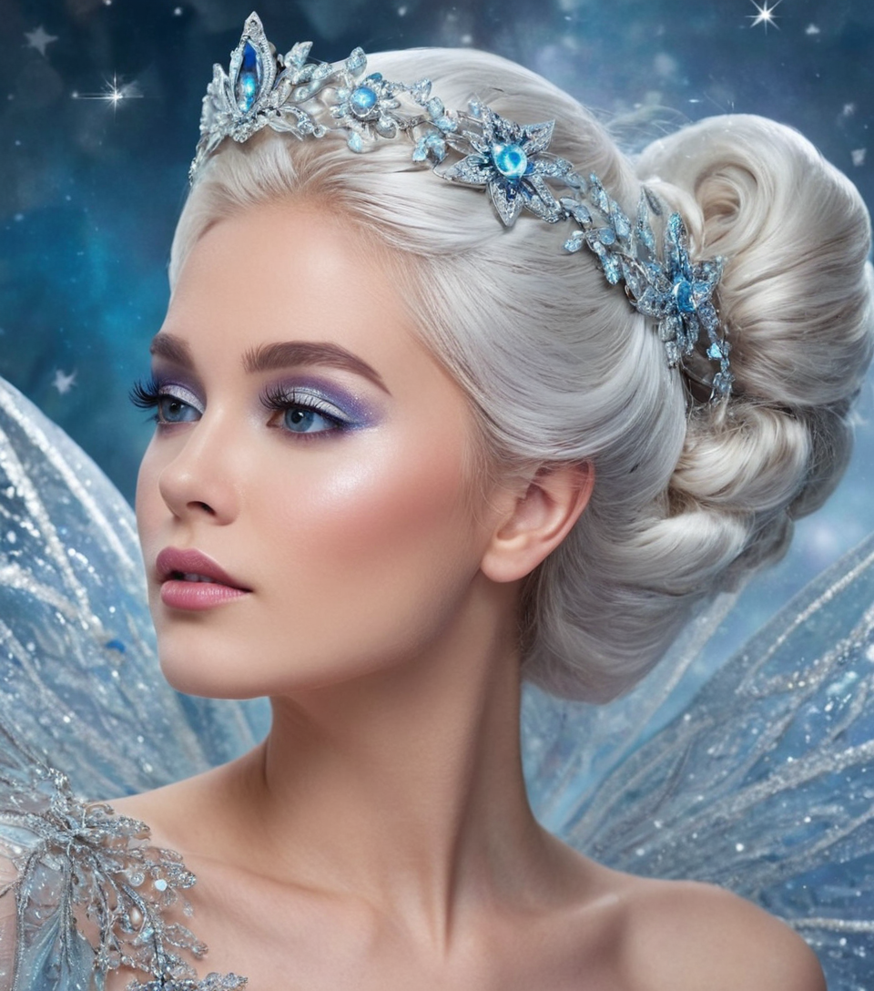 A celestial stardust fairy with sparkling silver skin and glowing stardust hair,