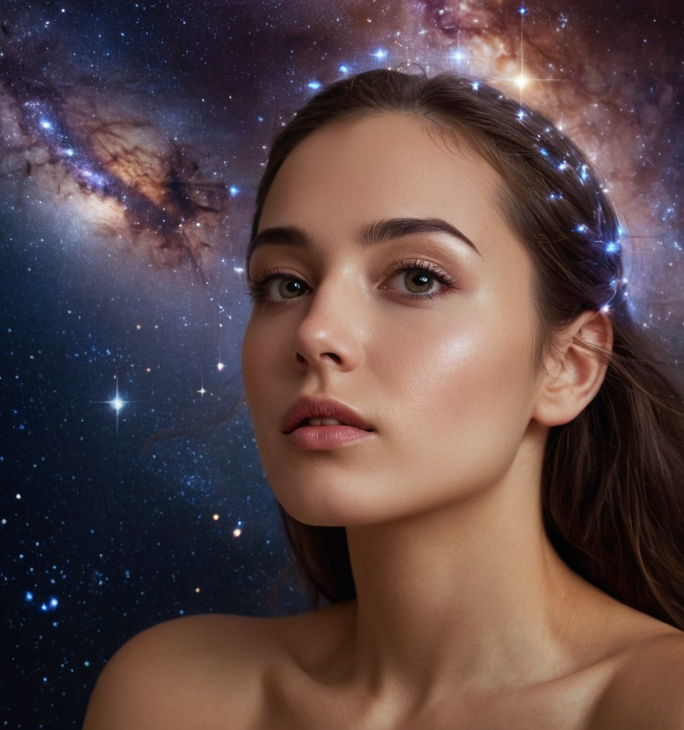 A celestial goddess bathed in starlight, with galaxies swirling in her eyes and
