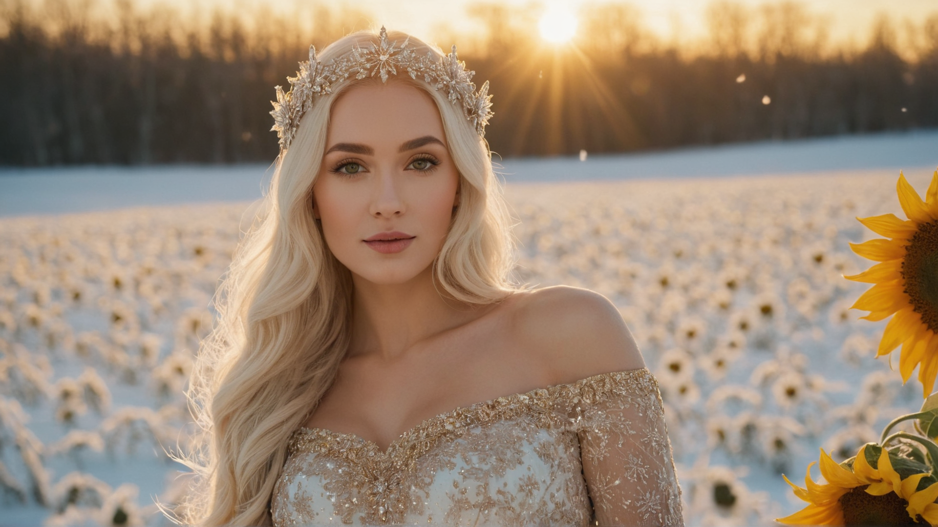 A radiant sun goddess with a halo of golden light, surrounded by sunflowers and 