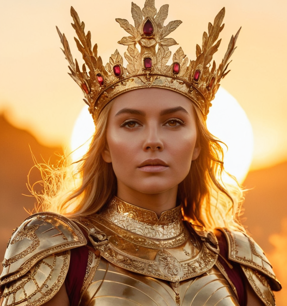 A radiant sun queen adorned with gilded armor and a crown of flames, standing ta