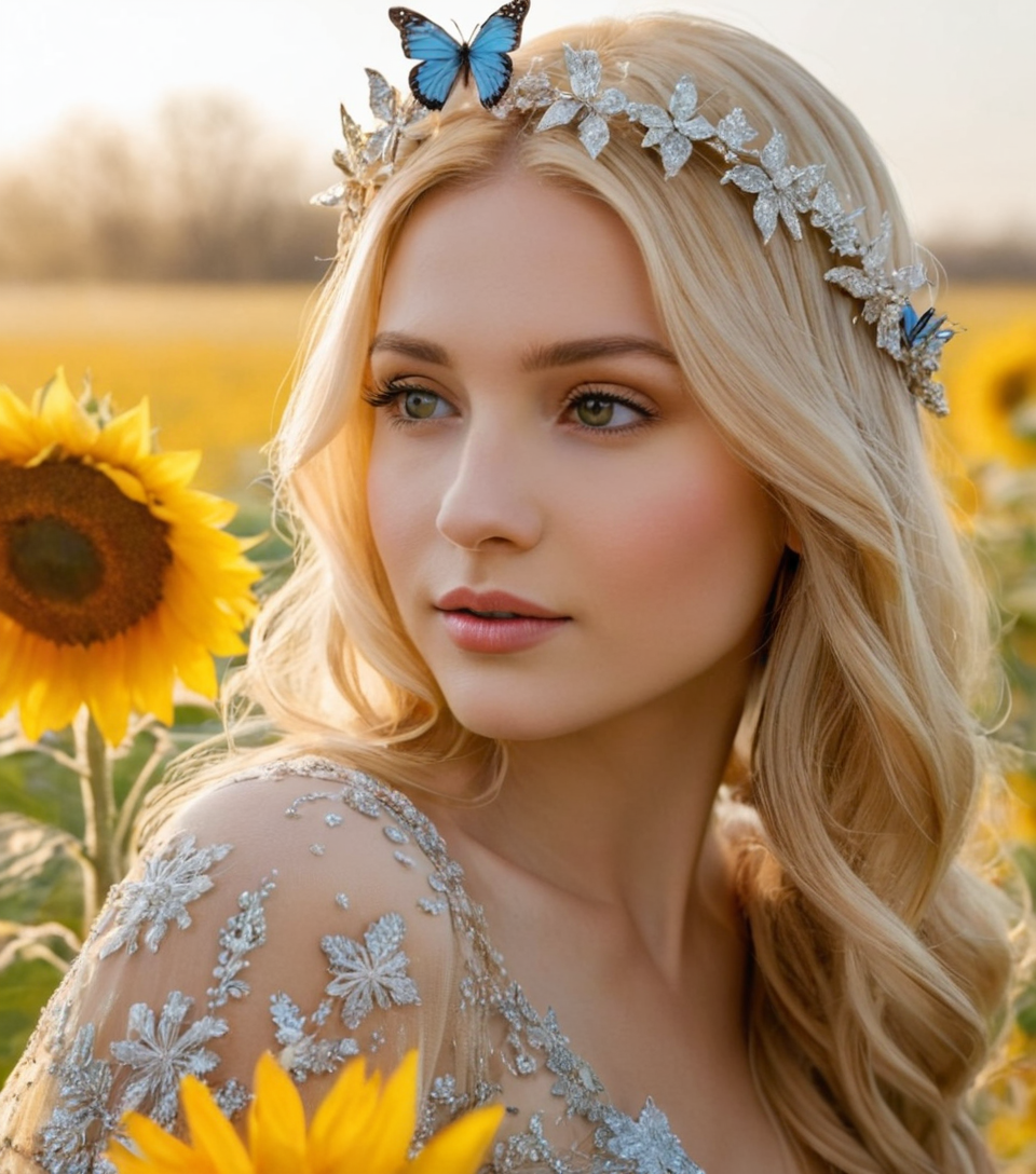 A radiant sunflower fairy with golden petals and sunlight-kissed hair, frolickin